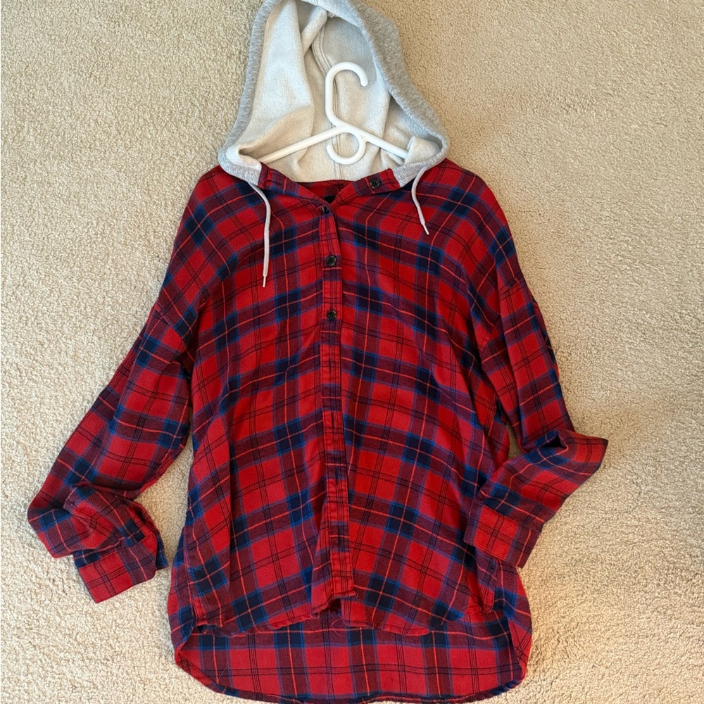 BDG Red and Blue Plaid Button Down Shirt with Hood